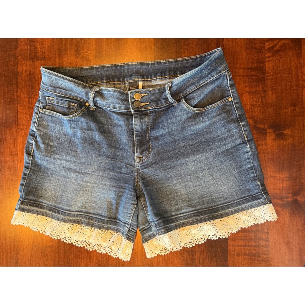 Upcyled Boho Denim Shorts Crochet Lace Size 14 Coquette Festival Medium Wash